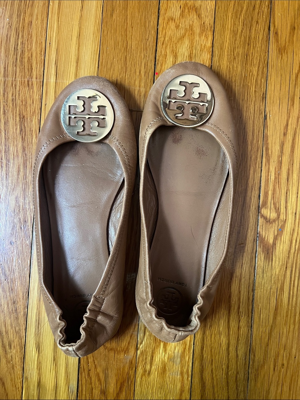 Tory Burch Brown Leather Logo Round-Toe Ballet Flats